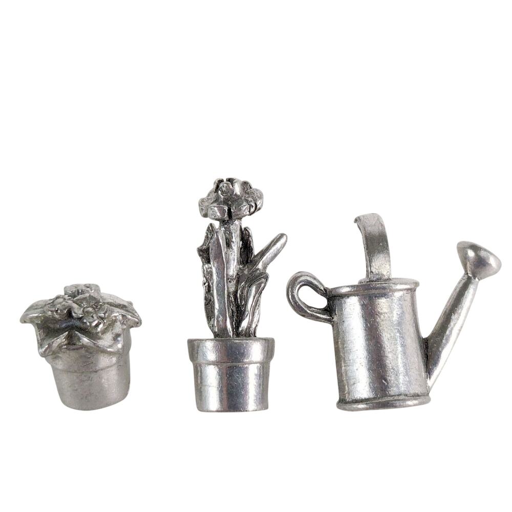 Set 3 Jim Clift Pewter Garden Lapel Tack Pins, Vintage 90s, Watering Can Flowers